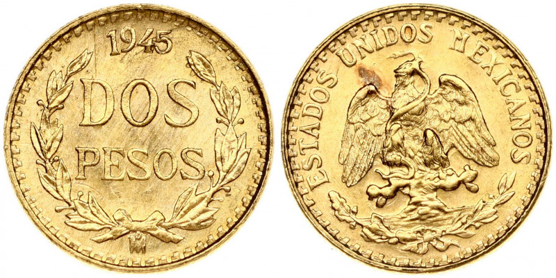 Mexico 2 Pesos 1945 Obverse: National arms. Reverse: Date above value within wre...