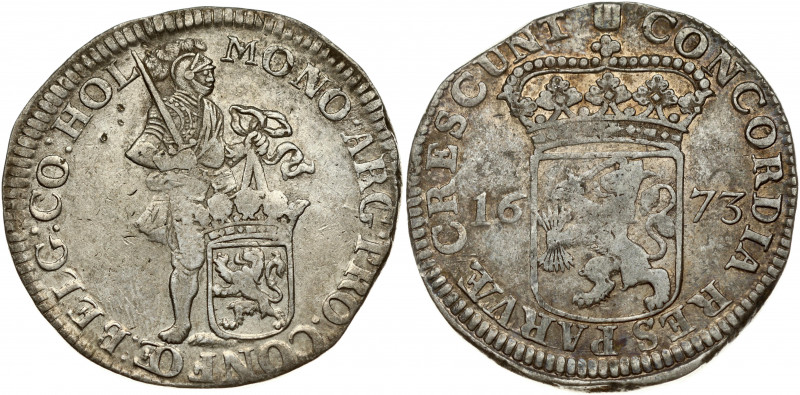 Netherlands HOLLAND 1 Silver Ducat 1673 Obverse: Standing armored Knight with cr...