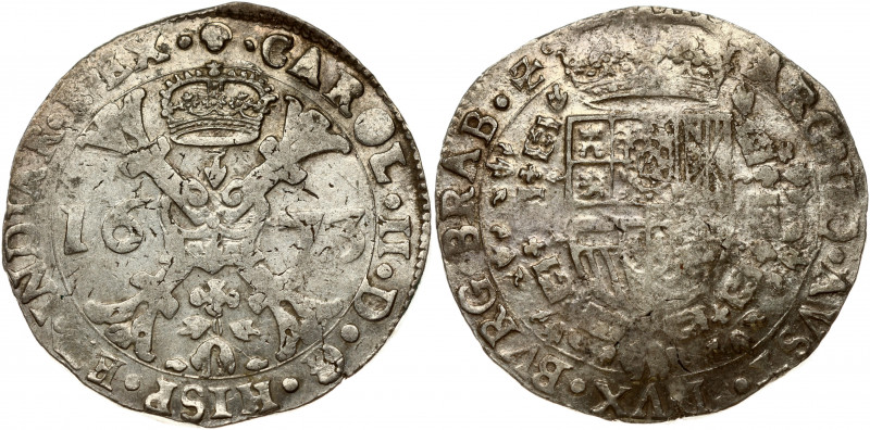 Spanish Netherlands BRABANT Patagon 1673 Brussels. Charles II (1665-1700). Obver...