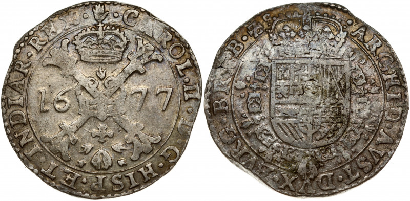 Spanish Netherlands BRABANT 1 Patagon 1677 Antwerp. Charles II (1665-1700). Obve...