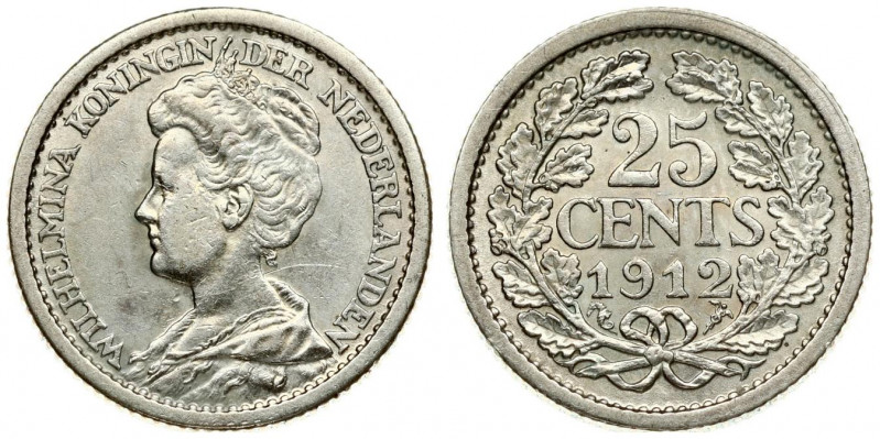 Netherlands 25 Cents 1912 Wilhelmina I(1890–1948). Obverse: Bust left; legend. R...