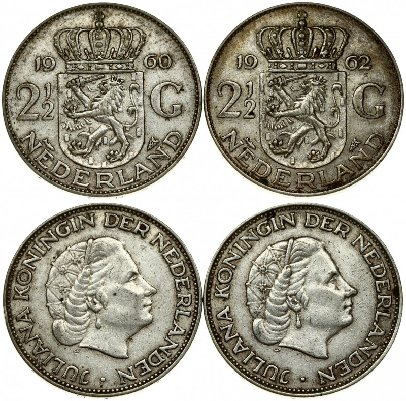 Netherlands 2-1/2 Gulden 1960 & 1962 Juliana(1948-1980). Obverse: Head right. Re...