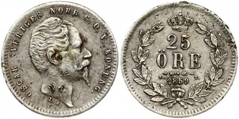 Sweden 25 Öre 1859 ST Oscar I(1844-1859). Obverse: Head right. Obverse Legend: O...