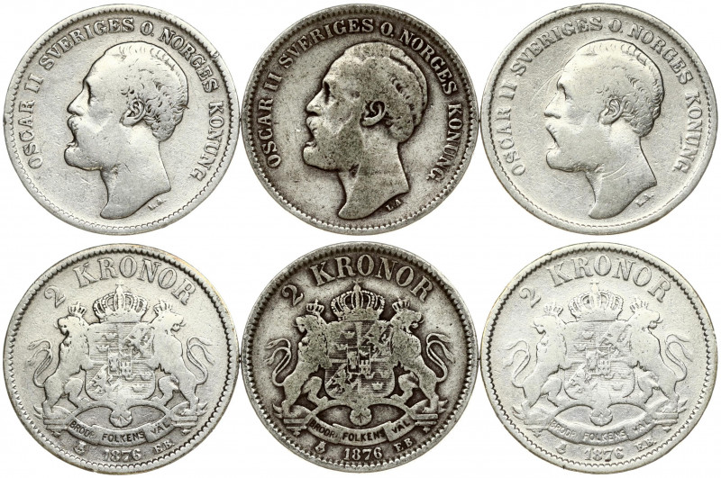 Sweden 2 Kronor 1876 EB Oscar II(1872-1907). Obverse: Head left. Obverse Legend:...