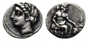 CILICIA. Mallos. Circa 385-375 BC. Obol (9mm, 0.7g). Laureate head of Apollo to left. Rev. Baaltars seated right, holding grain ear and grapes in his ...