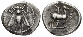 IONIA, Ephesos. Circa 202-150 BC. AR Drachm (18.6mm, 4.00 g). Zenodotos, magistrate. Bee / Stag standing right; palm tree in background; ZHNOΔOTOΣ to ...