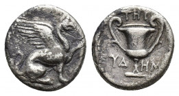 Ionia. Teos. ΕΥΔΗΜΟΣ, magistrate circa 400-300 BC. Hemidrachm AR (12.5mm., 1.5 g) Griffin seated right, raising forepaw / THI EYΔHMO, kantharos....