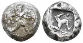 PAMPHYLIA, Aspendos. Circa 465-430 BC. AR Stater (17.9mm, 10.9 g). Warrior, holding short sword and shield, advancing right / Triskeles; E in field; a...