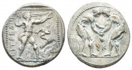 Pamphylia, Aspendos AR Stater. Circa 380-325 BC. (23.6mm, 10.8g) Two wrestlers grappling; ΣK between / Slinger in throwing stance to right; EΣTFEΔIIY[...