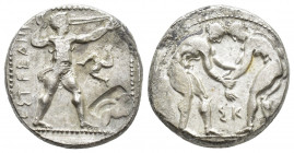 Pamphylia, Aspendos AR Stater. Circa 380-325 BC. (21.5mm, 10.7g) Two wrestlers grappling; ΣK between / Slinger in throwing stance to right; EΣTFEΔIIY[...