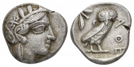ATTICA, Athens. After 449 BC. AR Tetradrachm (23.8mm, 16.9 g). Helmeted head of Athena right, wearing crested Attic helmet decorated with three olive ...