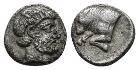 CARIA, Uncertain. Circa 400 BC. AR Diobol (10.7mm, 1.3 g). Bearded male head right / Forepart of bull left; E to left; all within incuse square.