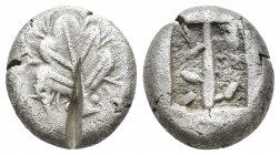 CARIA, Islands off. Kamiros on Rhodes. Circa 500-480 BC. AR Stater (21mm, 12.0 g). Fig leaf / Square incuse with irregular surfaces, divided into two ...