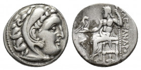 Alexander III, AR drachm. Uncertain mint. (18mm, 4.3 g). Head of Herakles right, wearing lionskin headdress. / AΛEΞANΔΡOY, Zeus seated left, one leg d...