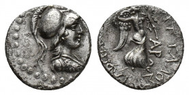 CARIA. Tabai. Hemidrachm (Circa 80-50 BC). (14.5mm, 1.8g ) Uncertain magistrate. Obv: Helmeted and draped bust of Athena right. Rev: TABHNΩN / AP. Nik...