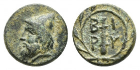 Troas, Birytis. Ca. 350-300 B.C. AE (11.1 mm, 1.4 g). Bearded head of Kabeiros left, wearing pileos; two stars above / B-I/P-Y, Club within wreath.