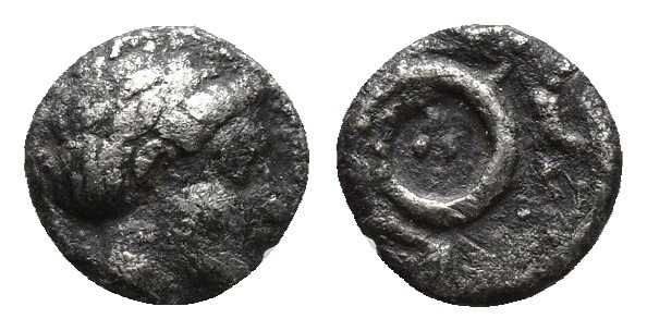 Mysia, Atarneos AR Obol. Circa 350-300 BC. (8.3mm, 0.3 g ) Laureate head of Apol...