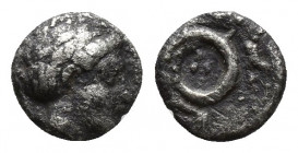 Mysia, Atarneos AR Obol. Circa 350-300 BC. (8.3mm, 0.3 g ) Laureate head of Apollo right / Coiled serpent.