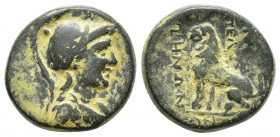 PHRYGIA. Peltai. Ae (Late 2nd-1st centuries BC) Uncertain magistrate. (19.2mm, 7.3g) Obv: Helmeted and draped bust of young hero right. Rev: ΠΕΛ / ΤΗΝ...