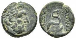 Mysia, Pergamon. Æ (18.6mm, 7.4g), mid-late 2nd century BC. Laureate head of Asklepios right. Reverse: [AΣ]KΛHΠIOY [Σ]ΩTHPOΣ, serpent coiled around om...