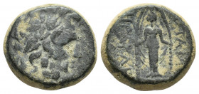 Phrygia, Apameia,after 133 BC. (18 mm, 9.6 g), Obv. Laureate head of Zeus right. Rev. AΠAMEΩN HPAKΛEI EΓΛO, cult-statue of Artemis Anaitis seen from f...