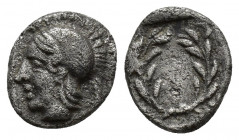 AEOLIS. Elaia. Diobol (Circa 450-400 BC). (10.3mm, 1.3g) Obv: Helmeted head of Athena left. Rev: EΛΑΙ. Laurel wreath within incuse square.