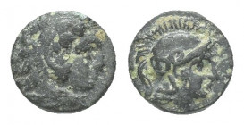 Mysia, Pergamon Æ9. Circa 310-282 BC. (9.00mm, 1.00 g) Head of Herakles right, wearing lion skin headdress / Helmeted head of Athena right.