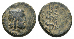 MYSIA, Pergamon. Mid-late 2nd century BC. Æ (14.1mm, 3.57 g). Laureate head of Asklepios right / Serpent-staff.