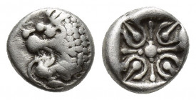 Ionia, Miletos, late 6th-early 5th century BC. AR Diobol (8mm, 1.1 g). Forepart of a lion r., head l. R/ Stellate design within square incuse.