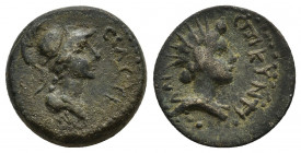 CILICIA. Seleukeia. Ae (2nd-1st centuries BC). (18.1mm, 4.23 g)Obv: СЄΛЄVΚЄΩΝ. Helmeted bust of Athena right. Rev: ЄΠI KVNTI. Radiate head of Helios r...