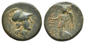 PAMPHYLIA. Side. Ae (3rd/2nd centuries BC). (16.3mm, 4.2g ) Obv: Head of Athena right, wearing Corinthian helmet. Rev: ΣIΔHTΩN. Nike advancing left, h...