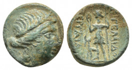 Pamphylia, Perge Æ Circa 2nd century BC. (14.6mm, 3.7g) Laureate head of Artemis to right, with bow and quiver over shoulder / Artemis standing to lef...