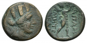 Phrygia, Apameia, AE (17.5mm, 3.82 g) ca 138-48 BC. Turreted head of Artemis right, bow and quiver at shoulder / AΠAME MHTΡO KEΛA, the satyr Marsyas r...