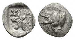 Mysia. Kyzikos circa 480 BC. Hemiobol AR (9.3mm, 0.3g) Head of lion to left within incuse square, star to upper left. / Forepart of boar to left, to r...