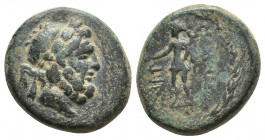 LYDIA. Blaundos. Ae (2nd-1st centuries BC)..(19.7mm, 7.7g ) Obv: Laureate head of Zeus right.. Rev: MΛAYNΔEωN. Hermes standing left, holding purse and...