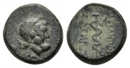 MYSIA, Pergamon. Mid-late 2nd century BC. Æ (13.7mm, 4.06 g). Laureate head of Asklepios right / Serpent-staff.
