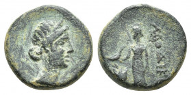 Phrygia. Laodikeia 200-100 BC. Bronze Æ (14.2mm., 3.00g) Draped bust of Aphrodite right, wearing stephane / ΛAOΔIKEΩN, Aphrodite standing left, holdin...
