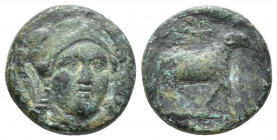 IONIA, Klazomenai. Circa 380-360 BC. Æ (17.4mm, 5.00 g ). Head of Athena Parthenos facing slightly right / Ram standing right.