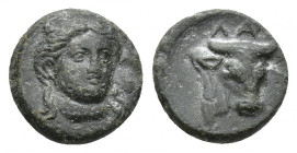 AEOLIS, Larissa Phrikonis. 4th century BC. Æ (10.1mm, 1.1 g ). Horned head of female facing slightly right / Bull’s head facing slightly right.