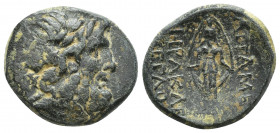 PHRYGIA, Apameia. Circa 100-50 BC. Æ (19.3mm, 6.5 g). Herakle-, and Eglo-, magistrates. Laureate head of Zeus right / Cult statue of Artemis Anaïtis f...