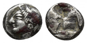 IONIA, Phokaia. Circa 625/0-522 BC. AR Obol (9.2mm, 1.2 g) Female/ Athena head left, wearing helmet or close fitting cap Quadripartite incuse square