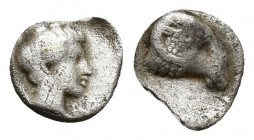 Caria. Uncertain mint circa 400-340 BC. Hemiobol AR (8mm., 0,2g). Male head right, Carian legend flanking neck, all within incuse square / Head of ram...