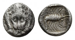 Caria, Mylasa. Ca. 450-400 B.C. AR hemiobol (7.6 mm, 0.3 g). Facing forepart of lion / Scorpion with tail to right within incuse square.