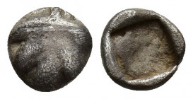 Rhodos, Kamiros AR Obol. Circa 500-460 BC. (7.2mm, 0.3 g) Fig leaf / Rough incuse square.