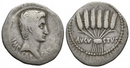Augustus AR Cistophorus. Ephesus, 25 BC. (26.6mm, 11.1 g)IMP CAESAR, bare head right / Six bunched corn-ears, AVGVSTVS across fields.