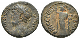 CILICIA, Colybrassus. Marcus Aurelius. AD 161-180. Æ (22.5mm, 7.1 g). Laureate and cuirassed bust left, cross pattern on back / Athena standing left, ...