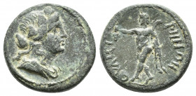 LYDIA. Thyateira. Ae (2nd century AD). (17.5mm, 3.8 g) Obv: Wreathed head of Dionysos right. Rev: ΘYATEIPHNΩN. Pan advancing left, holding grape bunch...