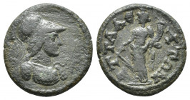 LYDIA. Attalea. Pseudo-autonomous (Circa 180-218). Ae. (18.1mm, 2.9g ) Obv: Helmeted bust of Athena right, wearing aegis; spear over shoulder. Rev: AT...