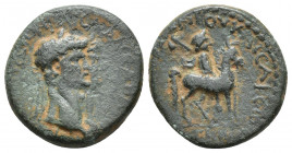 Lydia. Mostene, Claudius, with Agrippina II (niece and wife of Claudius), Æ (20mm, 5.00g) AD 50-54. Pedianus, magistrate. ΤΙ ΚΛΑΥΔΙΟΝ [ΚΑΙϹΑΡΑ ΘЄΑΝ ΑΓ...