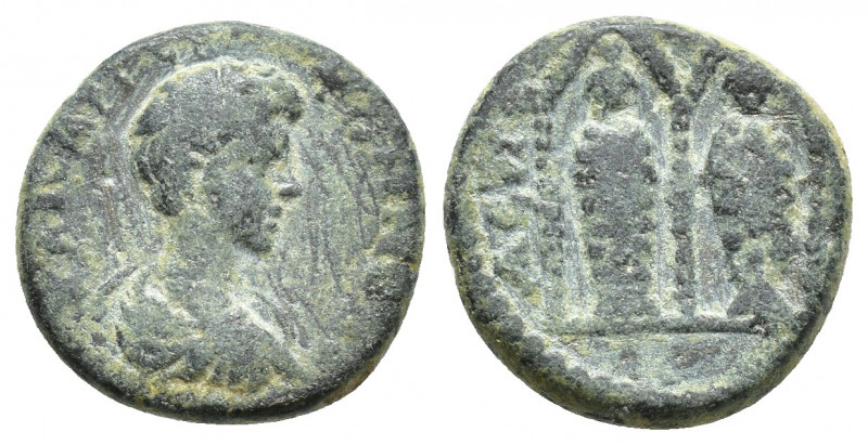 Roman Provincial Rev: ACΠENΔIΩN. Two cult statues of Artemis and Aphrodite stand...